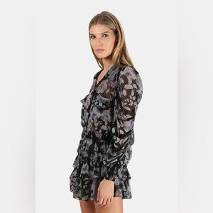 MISA Los Angeles Sheer Long Sleeved Floral Mini Dress | Ruffled | XS